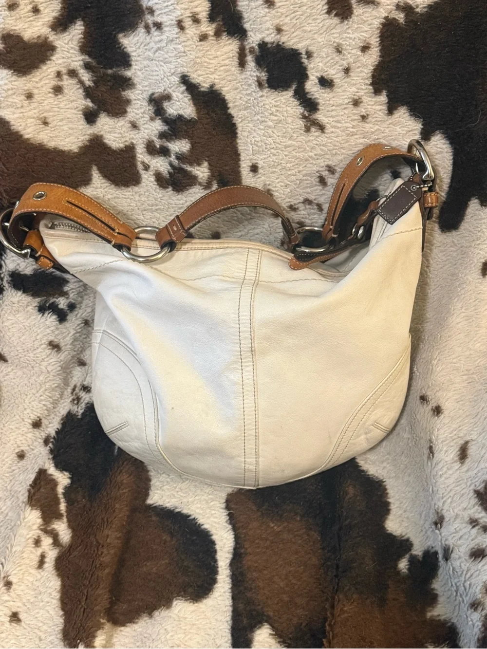 Coach Women’s Cream White Leather Soho Hobo Bag with camel strap Y2K